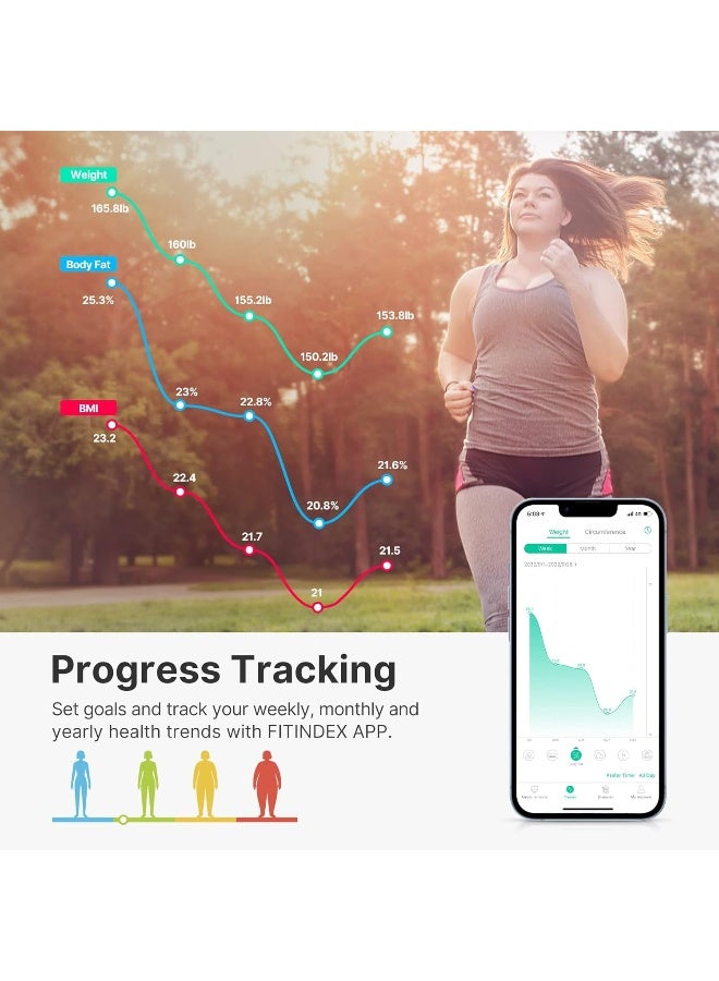 FITINDEX Bluetooth Body Fat Scale, Smart Wireless Digital Bathroom Weight Scale Body Composition Monitor Health Analyzer with Smartphone APP for Body Weight, Fat, Water, BMI, BMR, Muscle Mass - Image 4