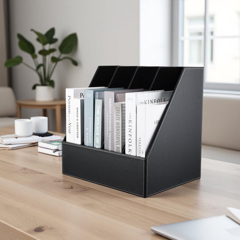 KINGFOM 4-Slot Wood Leather Document Files Holder Rack Stand Desk Files Organizer Papers Collection Cabinet (4 slot Black) - Image 3