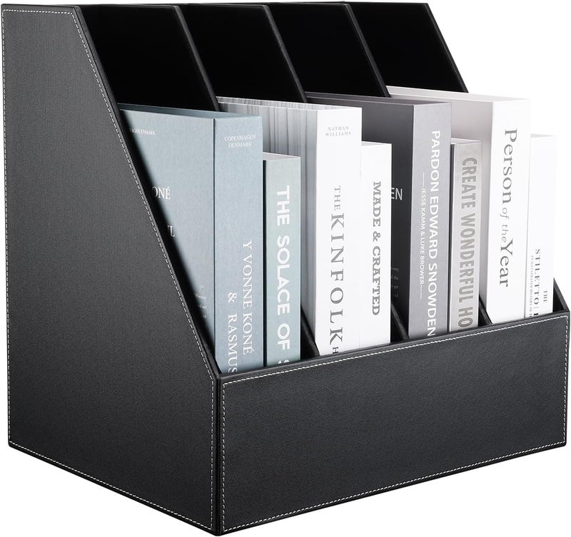 KINGFOM 4-Slot Wood Leather Document Files Holder Rack Stand Desk Files Organizer Papers Collection Cabinet (4 slot Black) - Image 4
