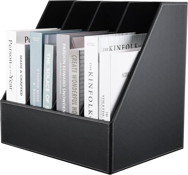 KINGFOM 4-Slot Wood Leather Document Files Holder Rack Stand Desk Files Organizer Papers Collection Cabinet (4 slot Black) - Image 1