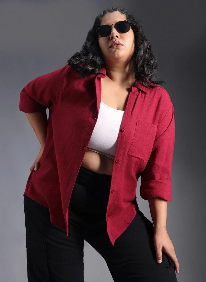 HIGH STAR Red Women's Red 100% Cotton Solid Pattern Button Down Oversized Shirt for Women | Best Price UAE