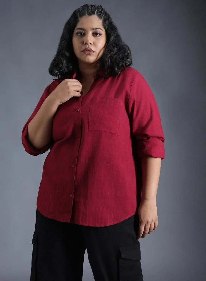 Women's Red 100% Cotton Solid Pattern Button Down Oversized Shirt