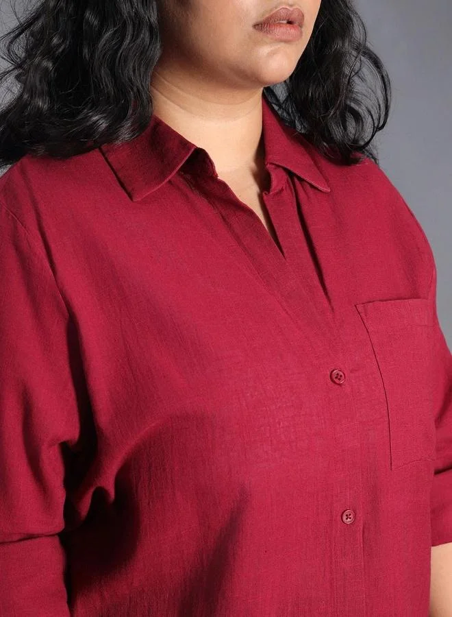 HIGH STAR Red Women's Red 100% Cotton Solid Pattern Button Down Oversized Shirt for Women | Best Price UAE