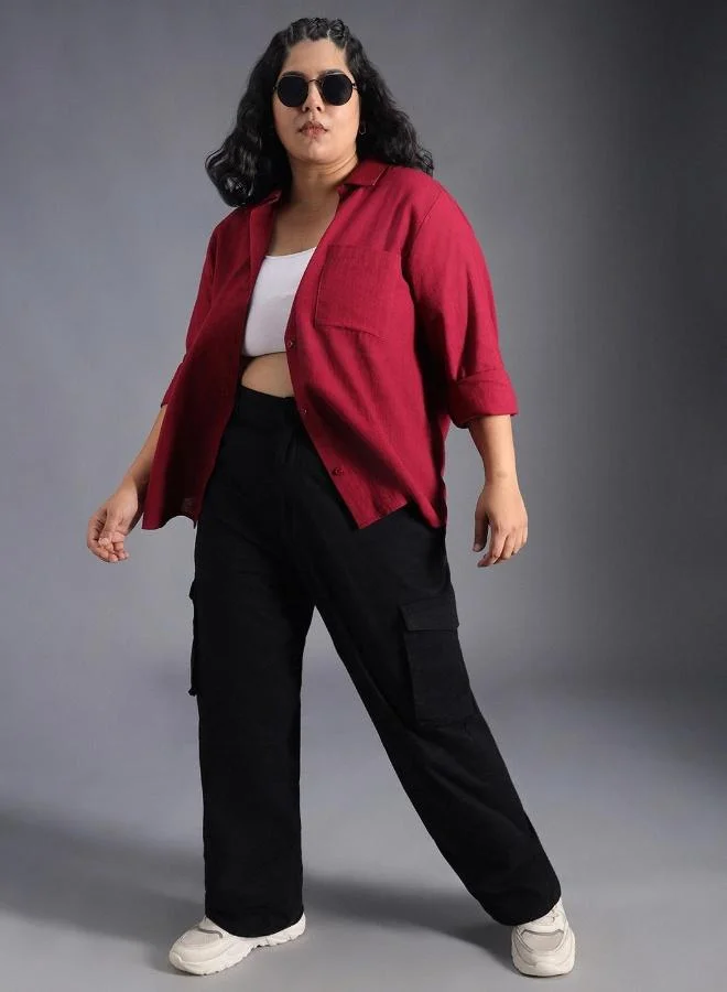 HIGH STAR Red Women's Red 100% Cotton Solid Pattern Button Down Oversized Shirt for Women | Best Price UAE