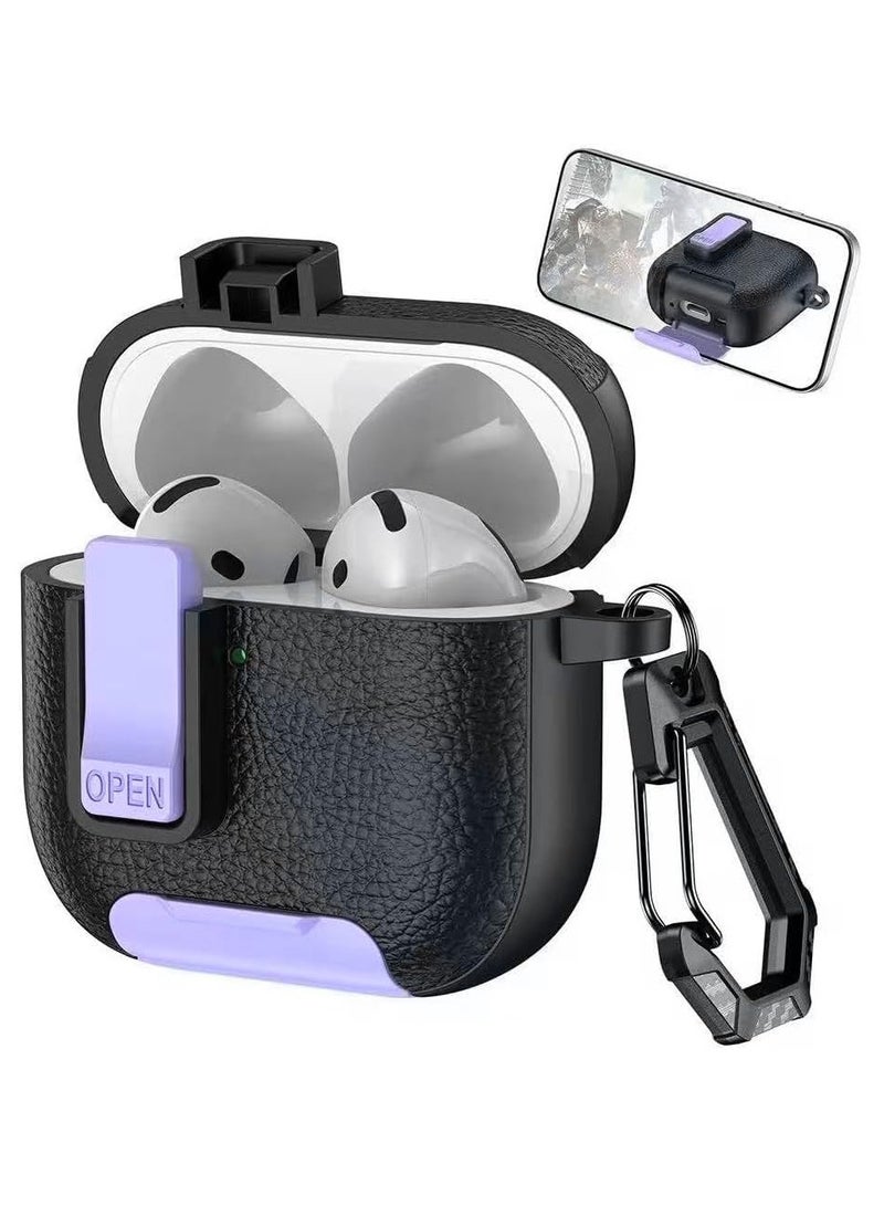 AirPods 4 Case with Phone Stand, Secure Lock Design Silicone Protection with Leather Texture for Airpod 4 (Black Purple)  - Image 1