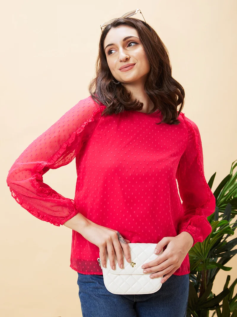 Women Self Design Round Neck Puff Sleeve Ruffles Top