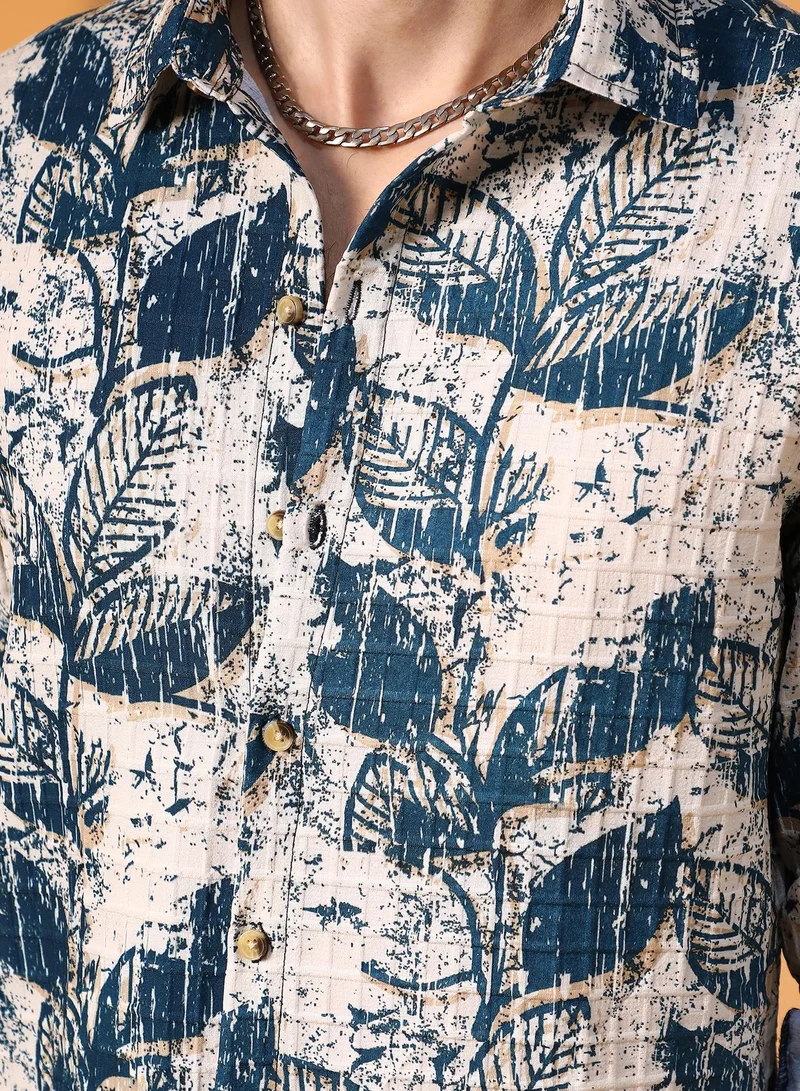 CAHOOT  Men's Ivory White & Indigo Blue Foliage-Waffle Shirt for Men | Best Price UAE