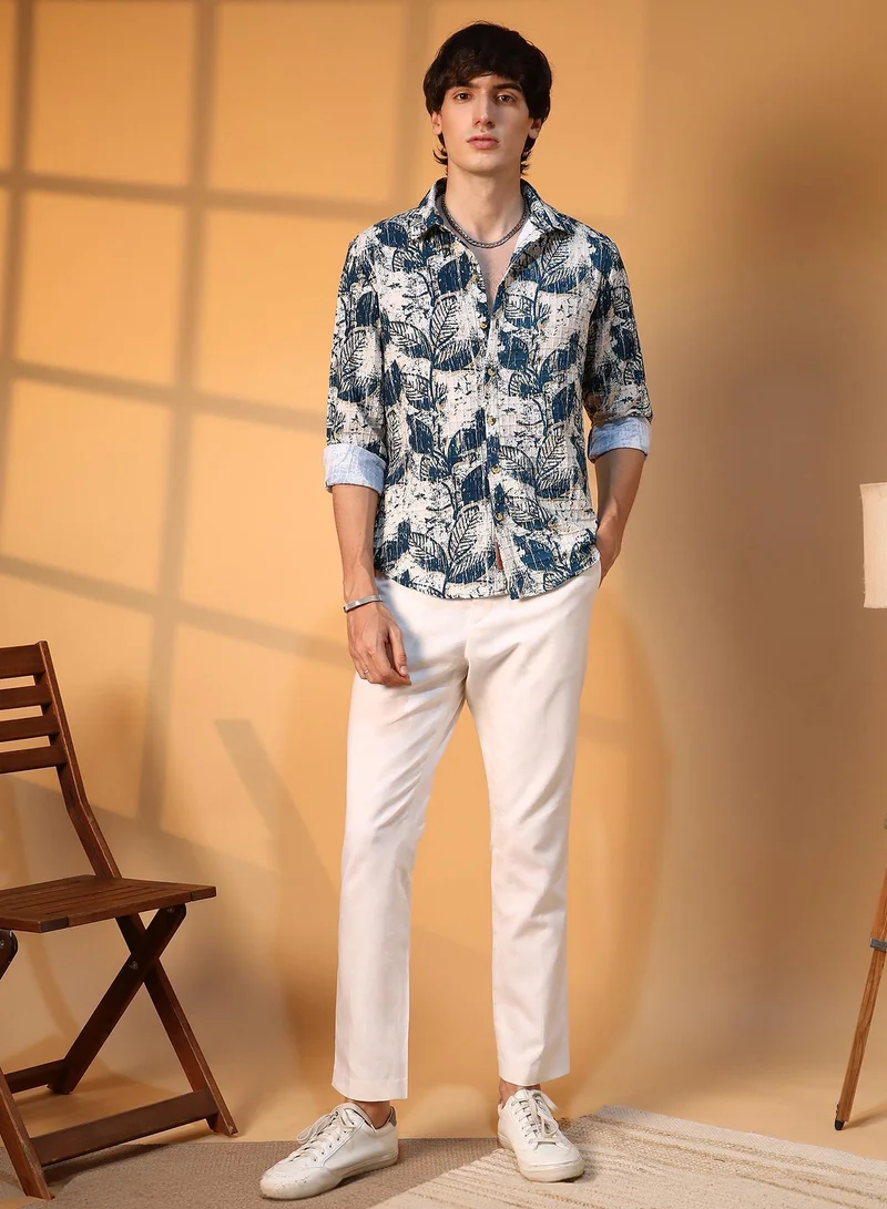 CAHOOT  Men's Ivory White & Indigo Blue Foliage-Waffle Shirt for Men | Best Price UAE