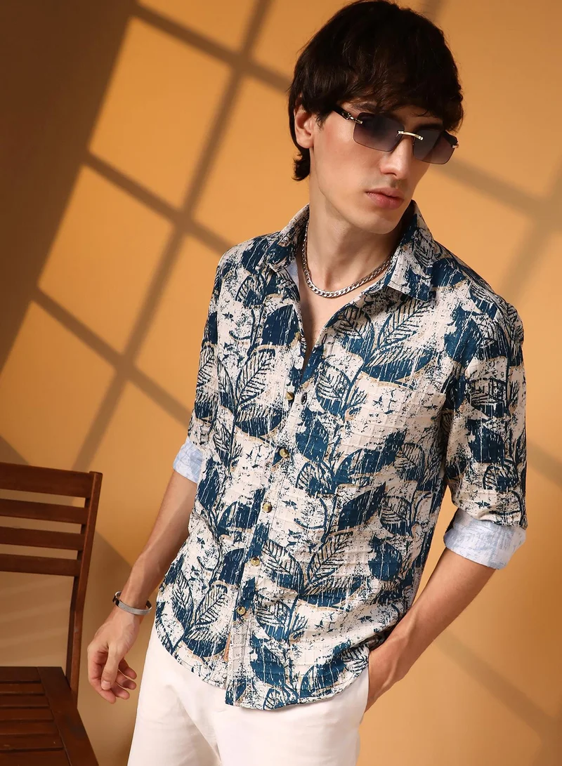 CAHOOT  Men's Ivory White & Indigo Blue Foliage-Waffle Shirt for Men | Best Price UAE