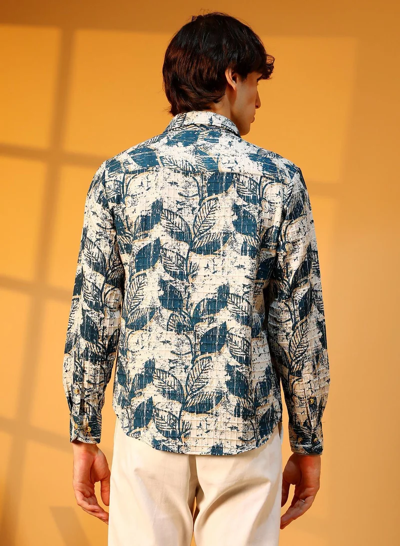CAHOOT  Men's Ivory White & Indigo Blue Foliage-Waffle Shirt for Men | Best Price UAE