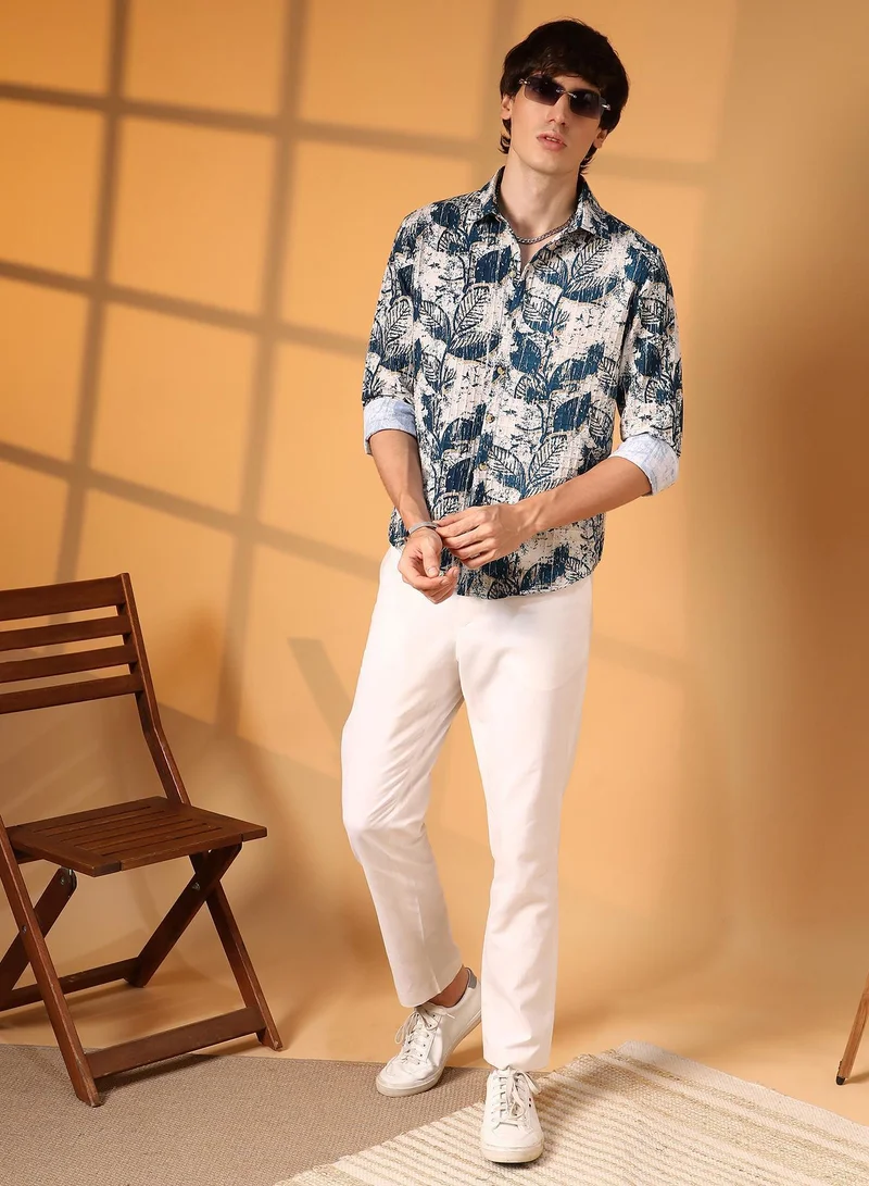 CAHOOT  Men's Ivory White & Indigo Blue Foliage-Waffle Shirt for Men | Best Price UAE