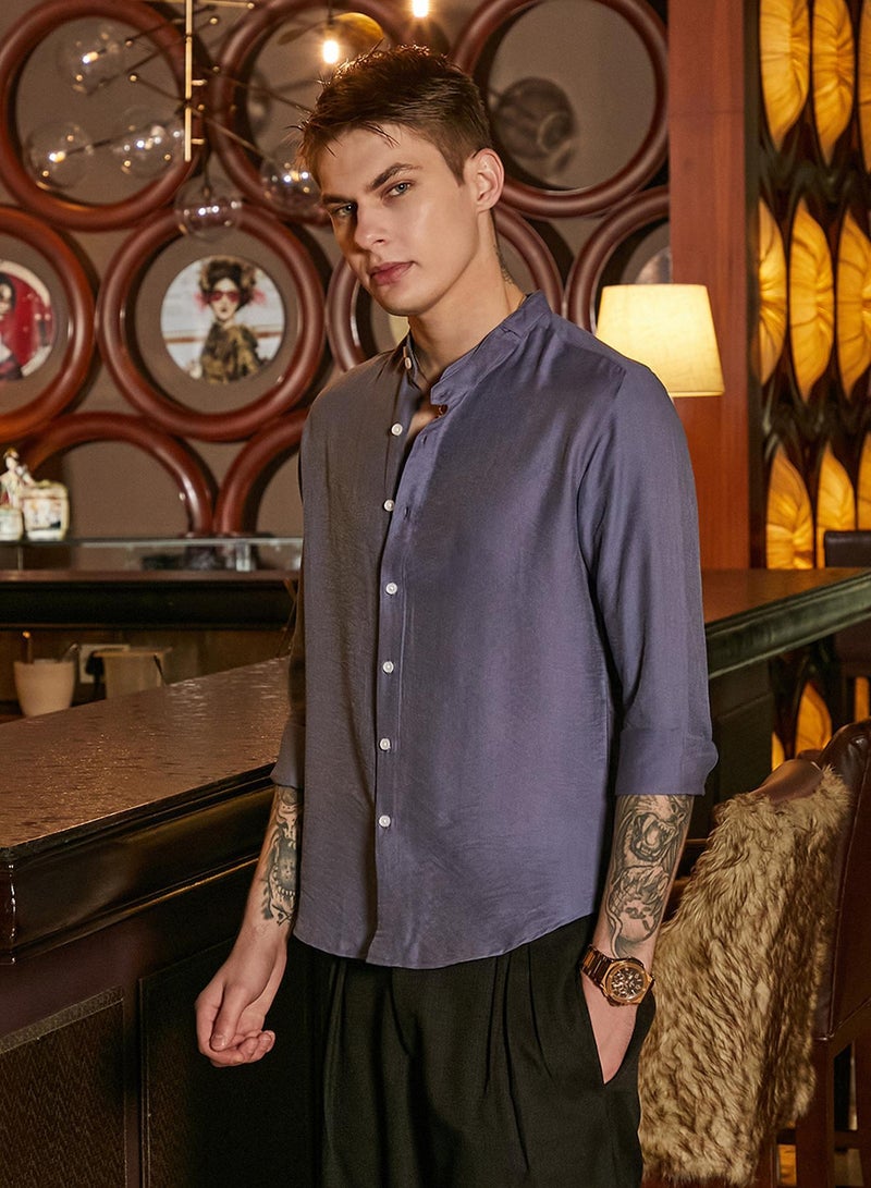 Campus Sutra Men's Steel Blue Breezy Mandarin Shirt - Image 3