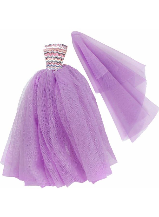 BJDBUS Strapless Elastic Top Wedding Dress with Veil Evening Party Gown Princess Clothes for 11.5 Inch Girl Doll (Purple) - Image 1