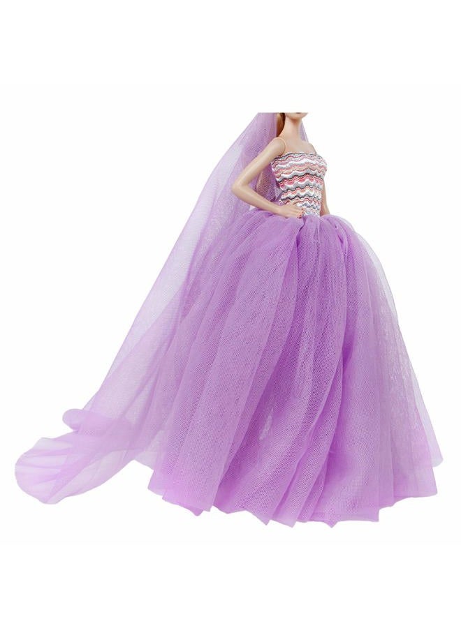BJDBUS Strapless Elastic Top Wedding Dress with Veil Evening Party Gown Princess Clothes for 11.5 Inch Girl Doll (Purple) - Image 3
