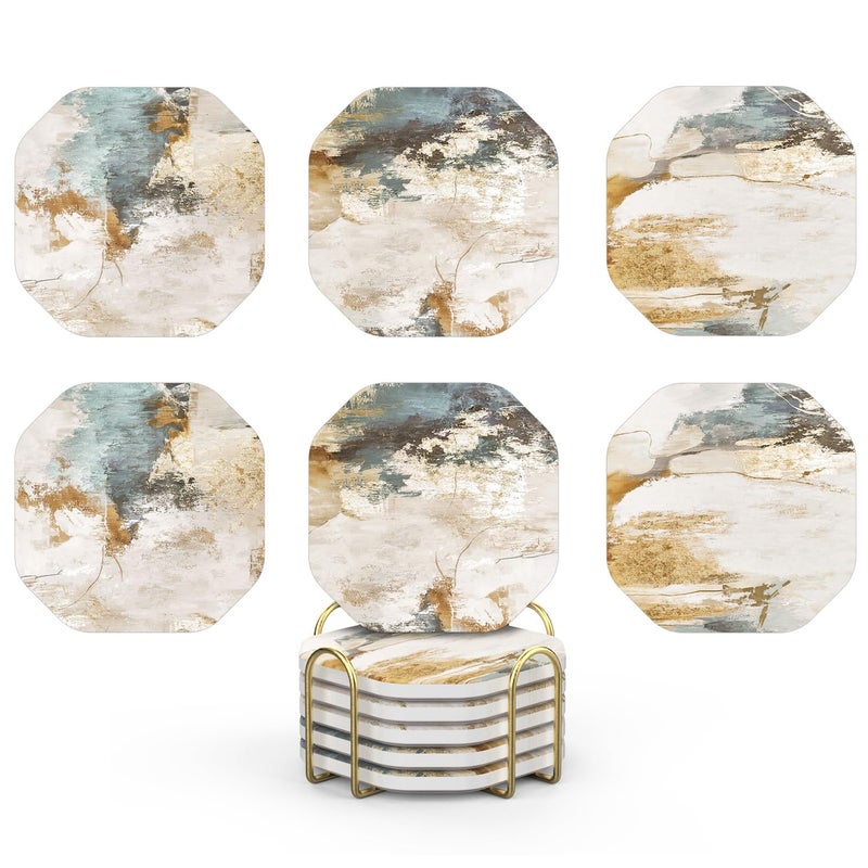 UMIRRO Ceramic Stone Coasters for Drinks Absorbent with Holder for Wooden Coffee Table Decor, Stoneware Cup Coasters for Iced Cold or Hot Drinks, Rustic Retro Boho Style, Gold, 4" Set of 6 - Image 1