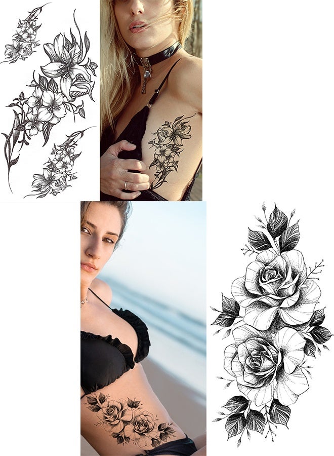 بيوينتي ملصقات الوشم الأسود والأبيض للزهور، ملصقات الوشم المؤقتة، ملصقات الوشم لزنبق زهرة الفاوانيا الوردية للنساء البالغات - Image 4