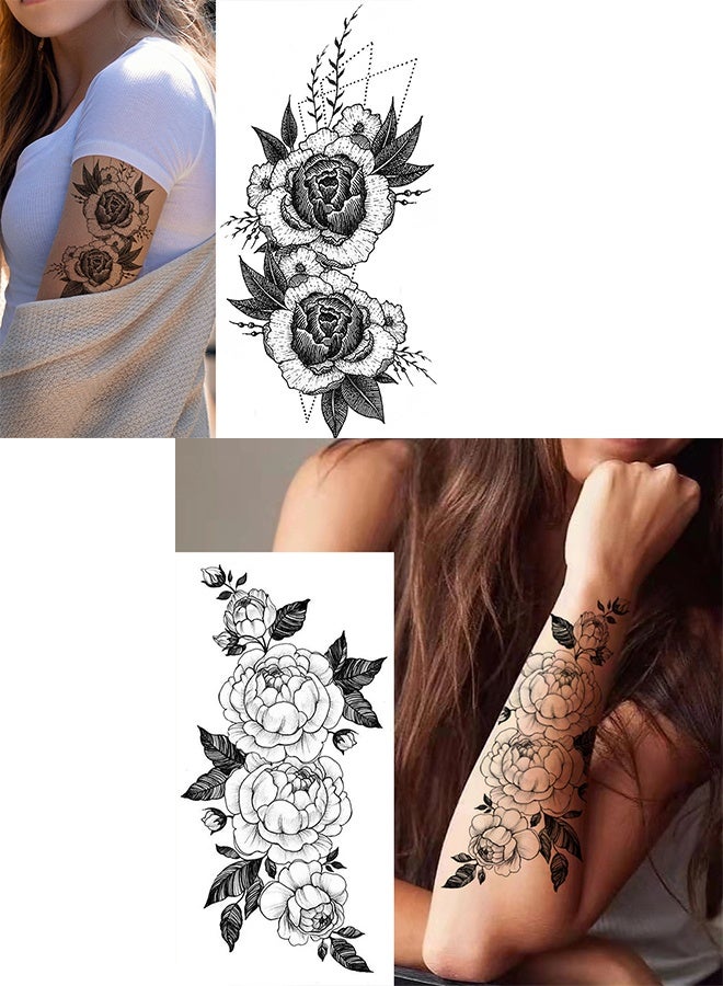بيوينتي ملصقات الوشم الأسود والأبيض للزهور، ملصقات الوشم المؤقتة، ملصقات الوشم لزنبق زهرة الفاوانيا الوردية للنساء البالغات - Image 2