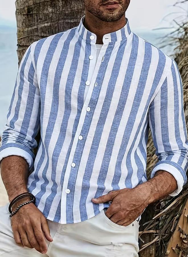 Take Two Blue Striped Stand Collar Shirt - Image 2