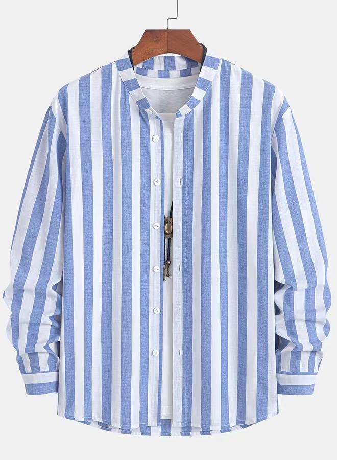 Take Two Blue Striped Stand Collar Shirt - Image 1