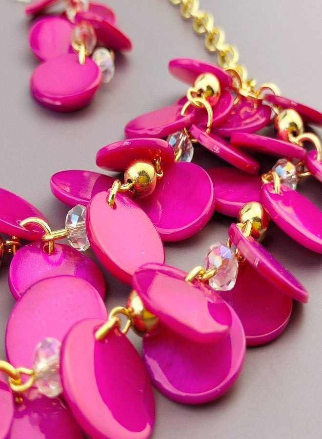 بوكار طقم بوكار ذو طبقتين من الخرز الصدفي مع أقراط للنساء، قلادة تشوكر سميكة مصنوعة يدوياً، قلادة مميزة، طوق عصري، مجوهرات أزياء، هدايا (NK-10248-Magenta) - Image 4