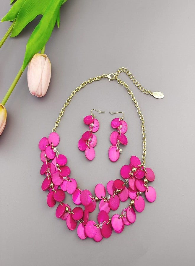 بوكار طقم بوكار ذو طبقتين من الخرز الصدفي مع أقراط للنساء، قلادة تشوكر سميكة مصنوعة يدوياً، قلادة مميزة، طوق عصري، مجوهرات أزياء، هدايا (NK-10248-Magenta) - Image 3