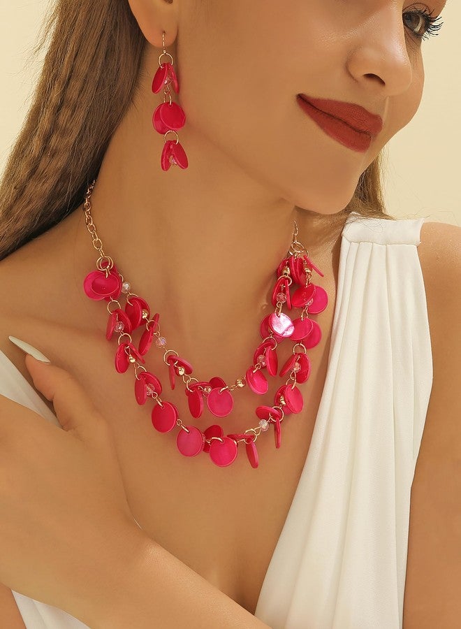 بوكار طقم بوكار ذو طبقتين من الخرز الصدفي مع أقراط للنساء، قلادة تشوكر سميكة مصنوعة يدوياً، قلادة مميزة، طوق عصري، مجوهرات أزياء، هدايا (NK-10248-Magenta) - Image 2