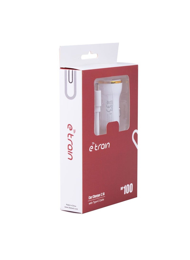 E-Train Car Charger 2.1MAh with Type-C Cable 1m - with Led Indicator - MP100  - White - Image 1