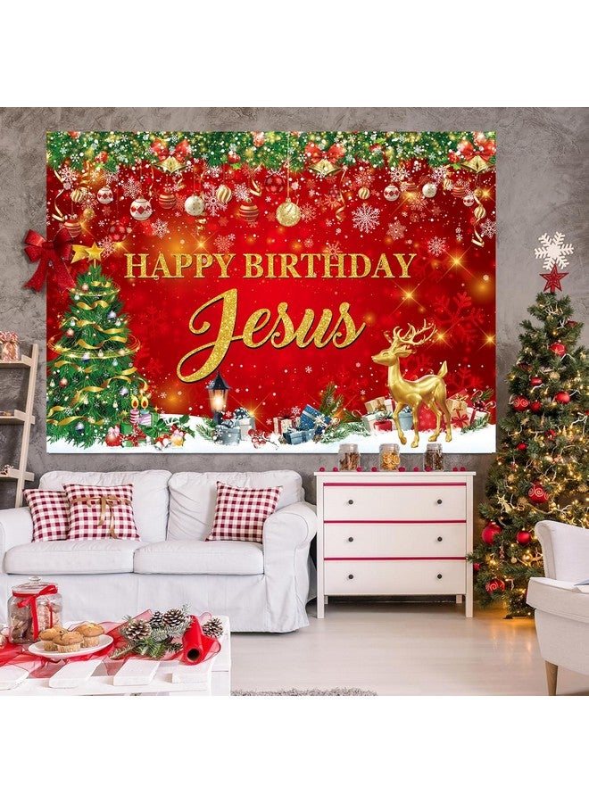 CINRAY Happy Birthday Jesus Banner Backdrop 7X5Ft Red Christmas Jesus'S Birthday Party Decorations Background For Xmas Indoor Outdoor Christmas Holiday Winter Birthday Party Decor Supplies - Image 2