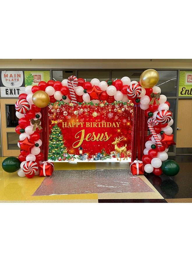 CINRAY Happy Birthday Jesus Banner Backdrop 7X5Ft Red Christmas Jesus'S Birthday Party Decorations Background For Xmas Indoor Outdoor Christmas Holiday Winter Birthday Party Decor Supplies - Image 3