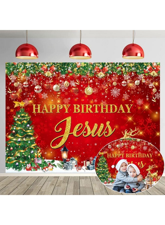 CINRAY Happy Birthday Jesus Banner Backdrop 7X5Ft Red Christmas Jesus'S Birthday Party Decorations Background For Xmas Indoor Outdoor Christmas Holiday Winter Birthday Party Decor Supplies - Image 1
