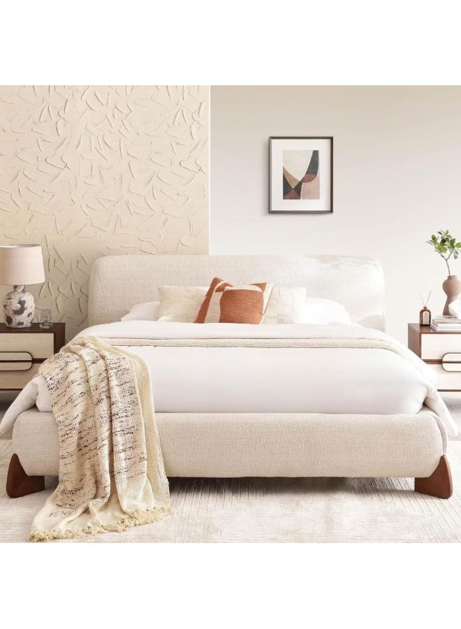Generic UAE Homes Modern Upholstered Platform Bed Frame, Beige Linen Fabric with Wooden Legs (200 X 200)  - Image 2