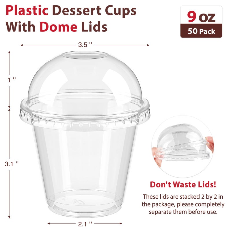 Qeirudu 50 Pack 9 Oz Clear Plastic Dessert Cups with Dome Lids No Hole, Small Parfait Cups Mini Round Party Serving Cups for Ice Creams, Cakes, Fruits, Snacks - Image 2