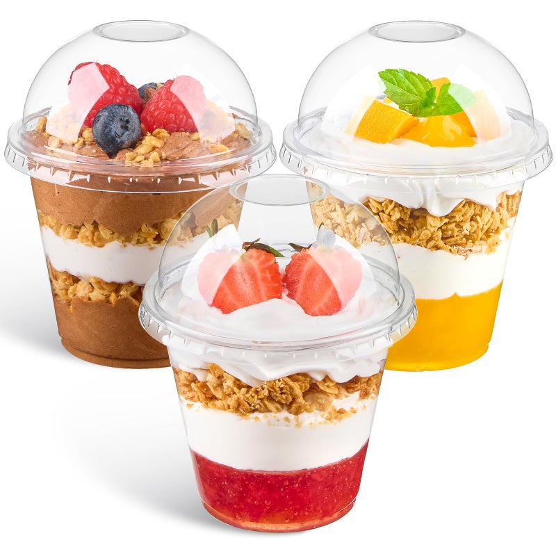 Qeirudu 50 Pack 9 Oz Clear Plastic Dessert Cups with Dome Lids No Hole, Small Parfait Cups Mini Round Party Serving Cups for Ice Creams, Cakes, Fruits, Snacks - Image 1