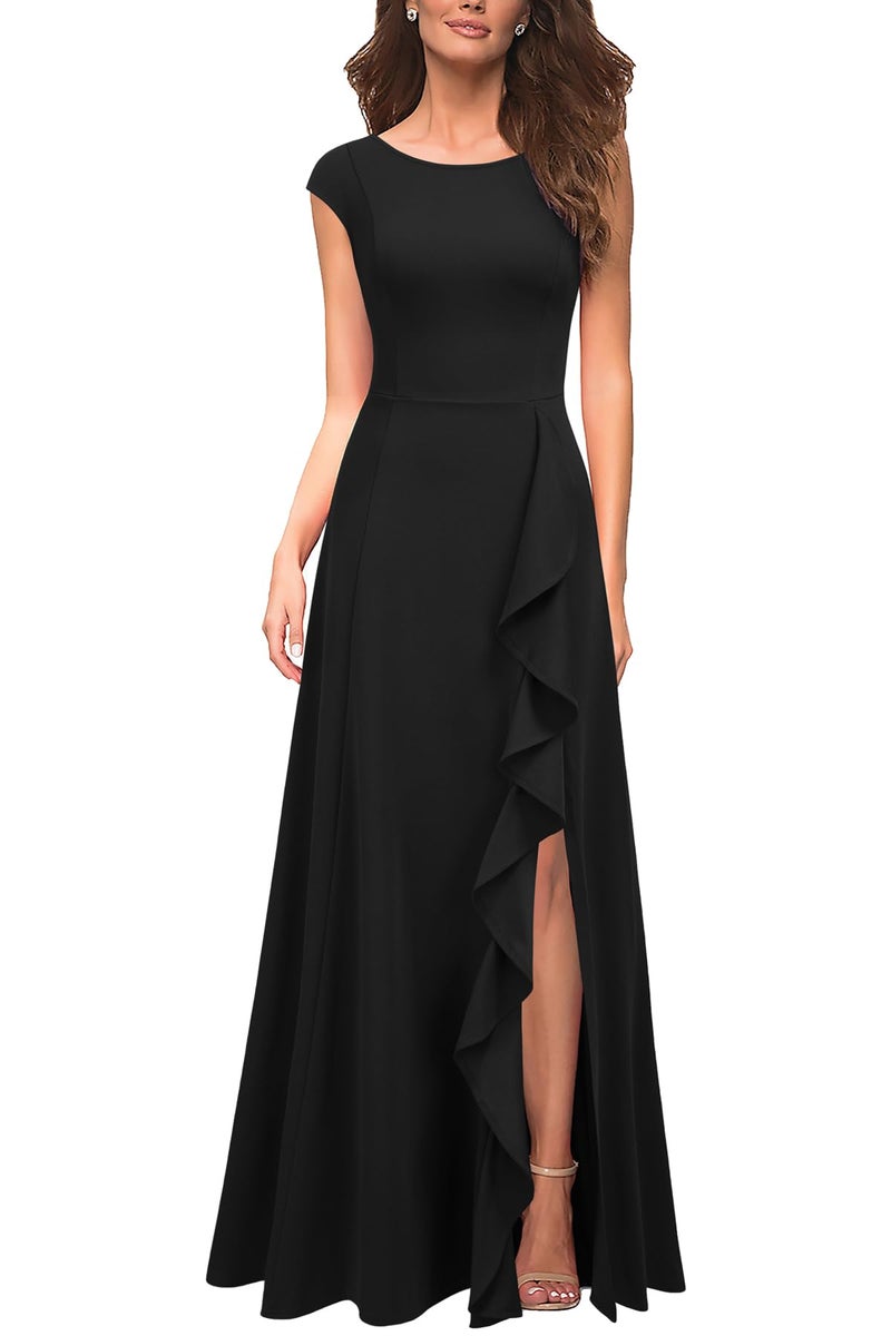 MUSHARE Women's Cocktail Dresses with Pockets Ruffled Sexy Split Party Long Formal Dress Black - Image 1