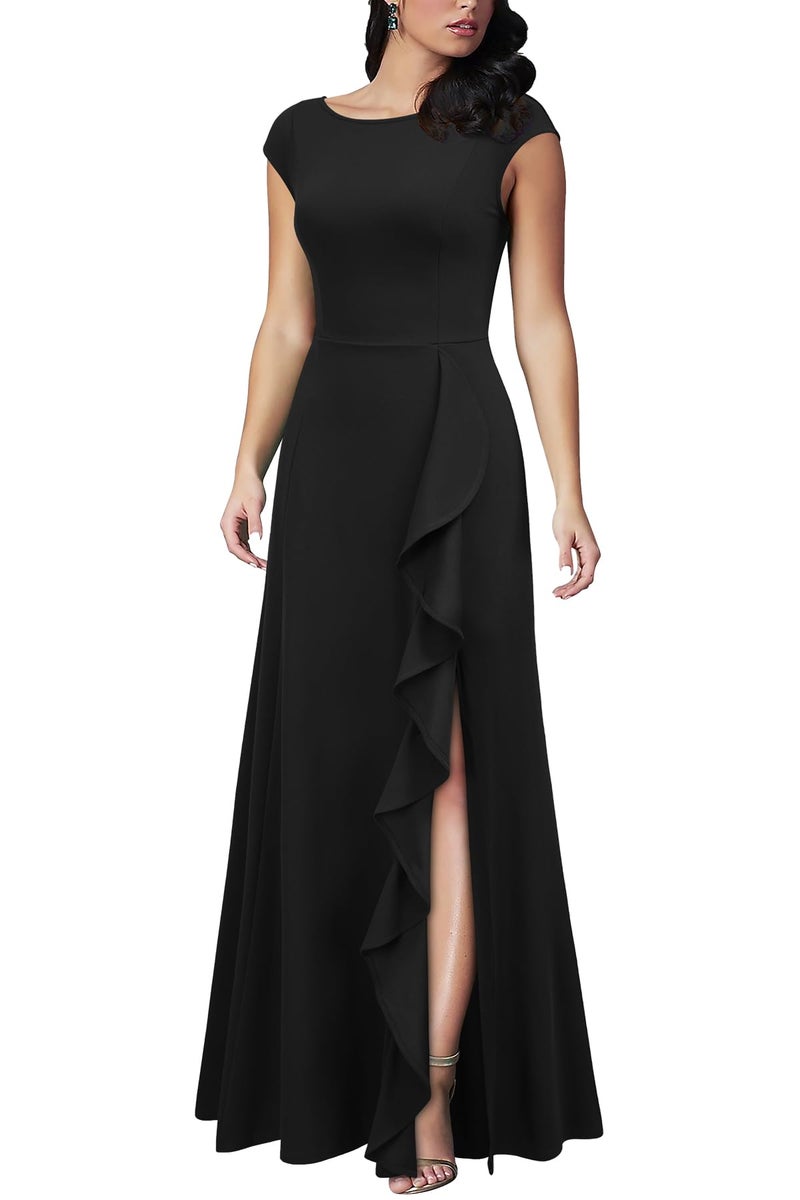 MUSHARE Women's Cocktail Dresses with Pockets Ruffled Sexy Split Party Long Formal Dress Black - Image 3