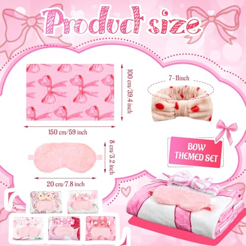 Fanfanwin 18 Pcs Sleepover Party Supplies for Girls 6 Style Cute Pink Bow Blanket 6 Coral Fleece Spa Headband 6 Plush Pink Eye Mask Cover for Slumber Sleepover Spa Party GiftLovely - Image 5