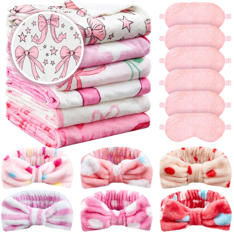 Fanfanwin 18 Pcs Sleepover Party Supplies for Girls 6 Style Cute Pink Bow Blanket 6 Coral Fleece Spa Headband 6 Plush Pink Eye Mask Cover for Slumber Sleepover Spa Party GiftLovely - Image 3