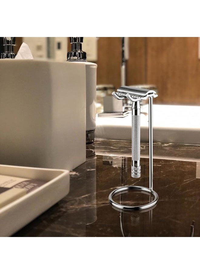 Linkidea - Stainless Steel Safety Razor Stand, Shaving Razor Holder, Deluxe Men's Travel Shaver Stand, Compatible with Long Handle Safety Razor, Fusion 5, ProShield, Mach 3 (Silver/Polished Chrome) - Image 1