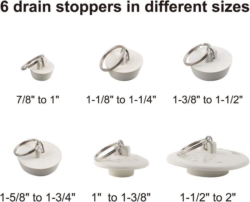 Hibbent 6 Pieces Drain Stopper, Rubber Kitchen Sink Drain, Sink Stopper Drain Plug with Pull Ring for Kitchen, Bathtub, Bathroom and Laundry Sink in 6 Different Sizes, White - Image 5