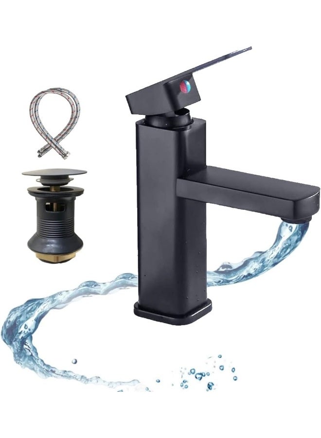 Biella Matte Black Bathroom Basin Mixer With Pop Up Drain And Hoses - Modern Hot And Cold Water Lavatory Washbasin Faucet For Kitchen Bathroom - Image 1