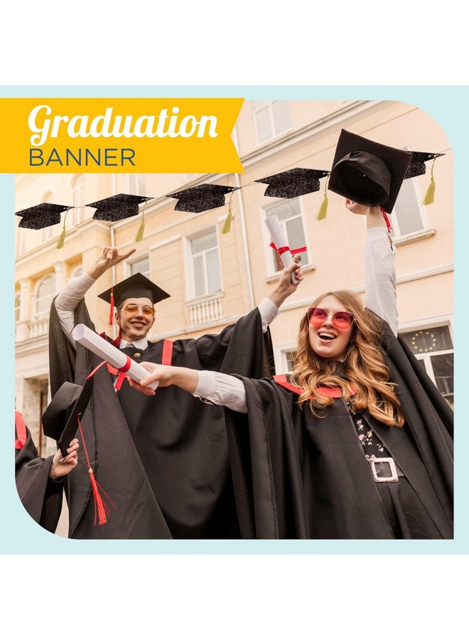 4E's Novelty Graduation Cap Banner - Black Glitter 2025 Grad Cap Garland, Grad Party Decorations 2025, Hanging Graduation Decor for College, High School & Outdoor Celebrations - Image 4