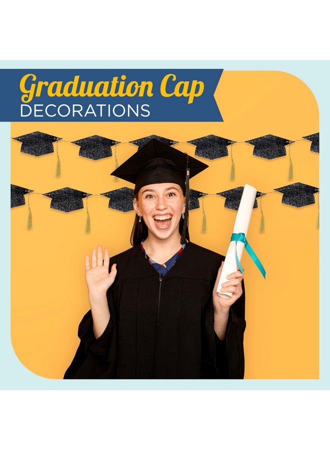 4E's Novelty Graduation Cap Banner - Black Glitter 2025 Grad Cap Garland, Grad Party Decorations 2025, Hanging Graduation Decor for College, High School & Outdoor Celebrations - Image 3
