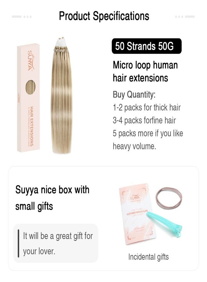 سويا وصلات شعر SUYYA Micro Loop، شعر بشري حقيقي، أشقر رمادي/أشقر فاتح، وصلات شعر Microlink مستقيمة، 50 خصلة، 50 غرام/العبوة للنساء (18 بوصة #P18/613) - Image 2
