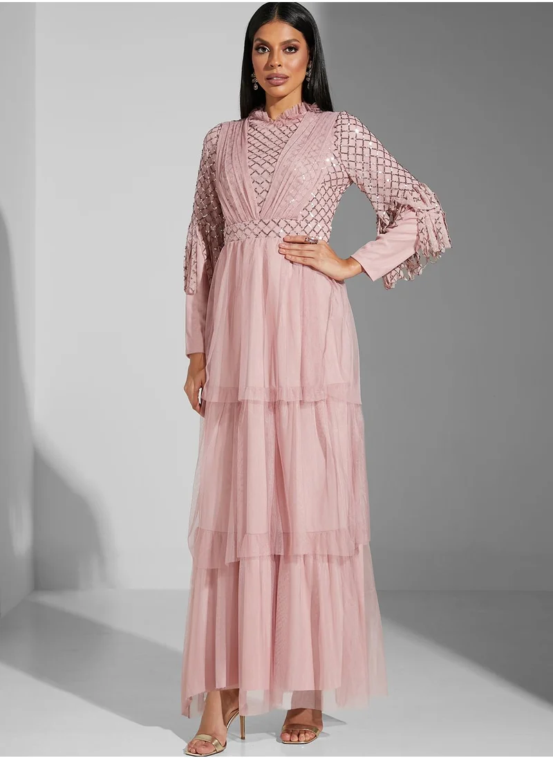 Namshi x Leen Aboushaar Shimmer Sleeve Layered Dress