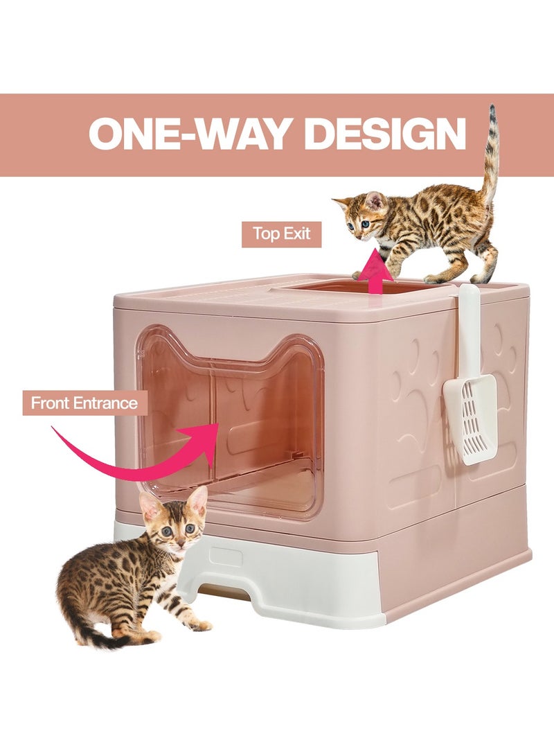 أن ان سي بيتس صندوق قمامة قطط قابل للطي ومغلق مع مدخل علوي وأمامي، باب شفاف، دواسة فلتر رمل، مغرفة قمامة، ونوع درج، تصميم مقاوم للرذاذ للقطط الداخلية، سهل التنظيف 50 سم (وردي) - Image 4