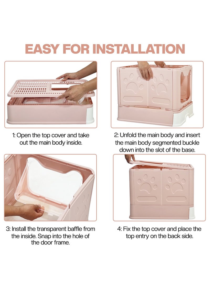 أن ان سي بيتس صندوق قمامة قطط قابل للطي ومغلق مع مدخل علوي وأمامي، باب شفاف، دواسة فلتر رمل، مغرفة قمامة، ونوع درج، تصميم مقاوم للرذاذ للقطط الداخلية، سهل التنظيف 50 سم (وردي) - Image 5