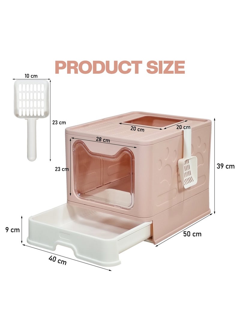 أن ان سي بيتس صندوق قمامة قطط قابل للطي ومغلق مع مدخل علوي وأمامي، باب شفاف، دواسة فلتر رمل، مغرفة قمامة، ونوع درج، تصميم مقاوم للرذاذ للقطط الداخلية، سهل التنظيف 50 سم (وردي) - Image 2