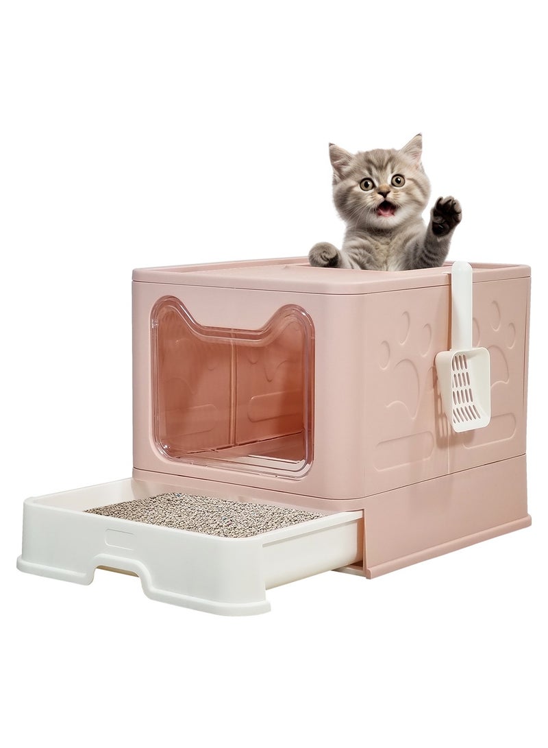 أن ان سي بيتس صندوق قمامة قطط قابل للطي ومغلق مع مدخل علوي وأمامي، باب شفاف، دواسة فلتر رمل، مغرفة قمامة، ونوع درج، تصميم مقاوم للرذاذ للقطط الداخلية، سهل التنظيف 50 سم (وردي) - Image 1