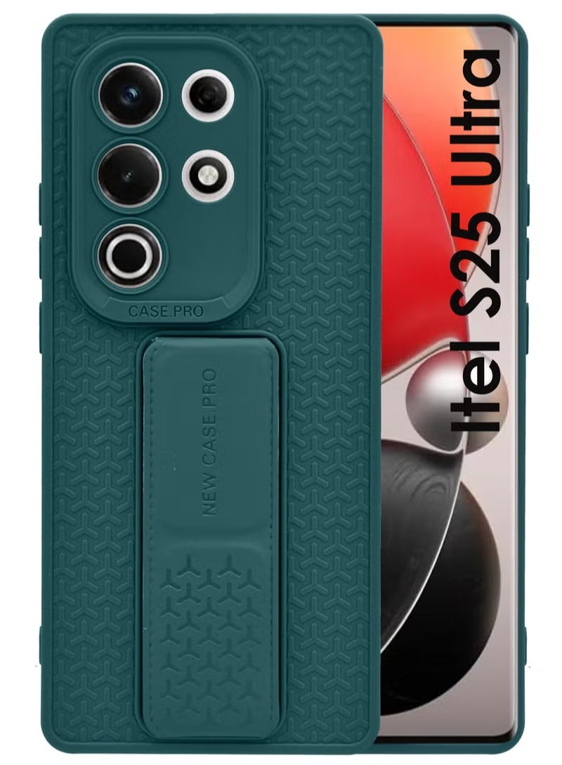 For Itel S25 Ultra - Semi Soft Silicone Magnetic Back Stand Case With Foldable Kickstand & Finger Strap - Green - Image 1