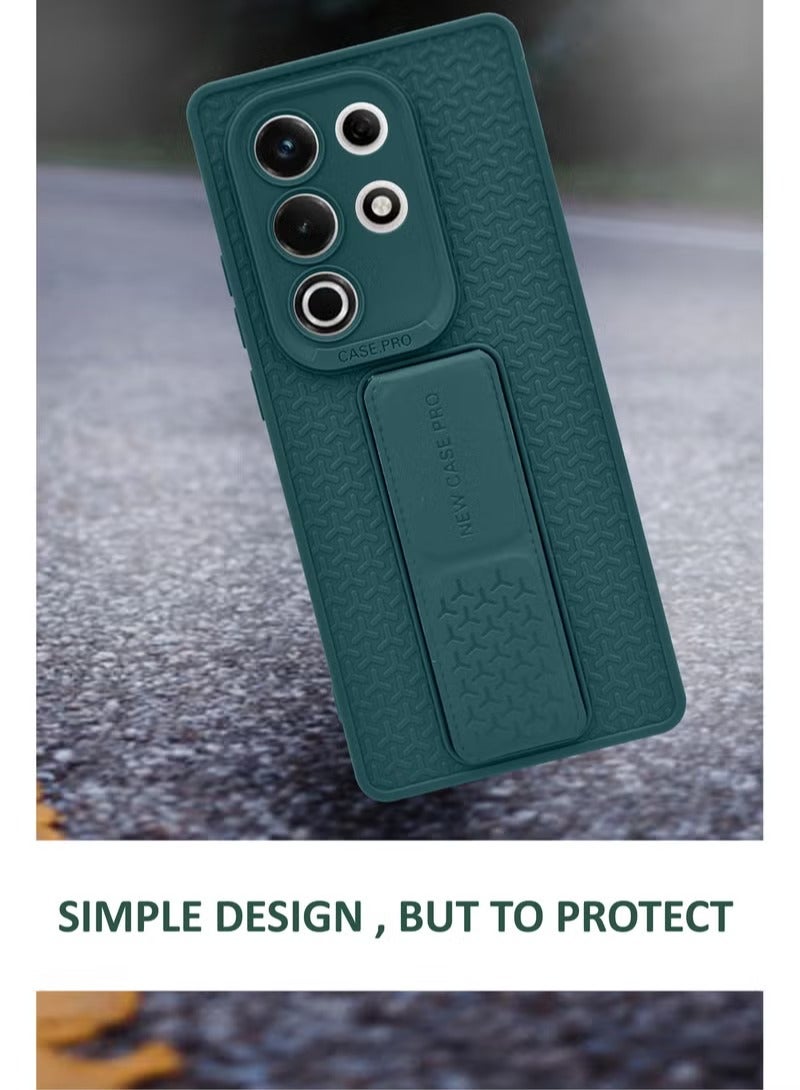 For Itel S25 Ultra - Semi Soft Silicone Magnetic Back Stand Case With Foldable Kickstand & Finger Strap - Green - Image 2